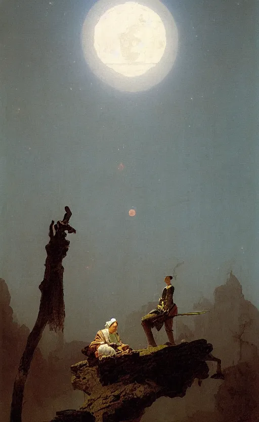 Image similar to meditation on the background of a huge crimson moon, by carl spitzweg