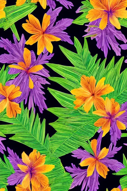 Prompt: muted sonbre detailed vector illustration of photorealistic tropical flowers and green reeds, multiple cohesive colors ranging from warms purples to bright oranges on a ((very dark black background)), 4K resolution, trending on artstation, hd wallpaper