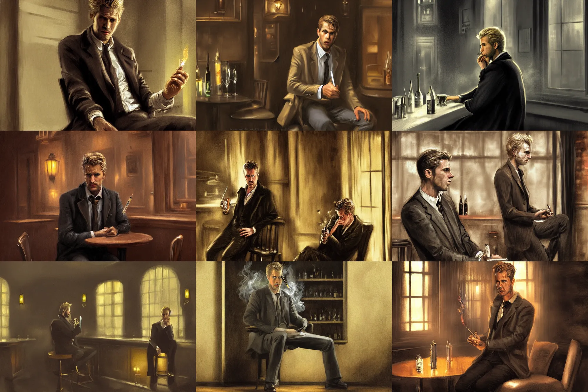 Prompt: very detailed matte painting character illustration of john constantine sitting down in a shadowed corner of the room at a bar in london smoking a cigarette, digital painting, illustration, john singer sargent, gothic, amazing values, 8 k, symmetrical face details, realistic face details, realistic eyes, moody lighting, blonde british man, graphic style