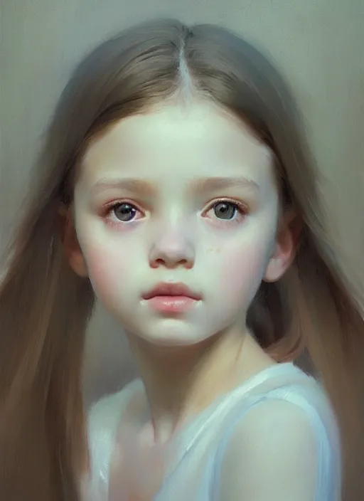 Image similar to realistic tender sweet portrait of a young cute girl, symmetrical eyes, portrait illustration, trending on artstation, characterdesign, sharp focus, illustration, art by ruan jia, ghibli, elena shumilova, leah robinson