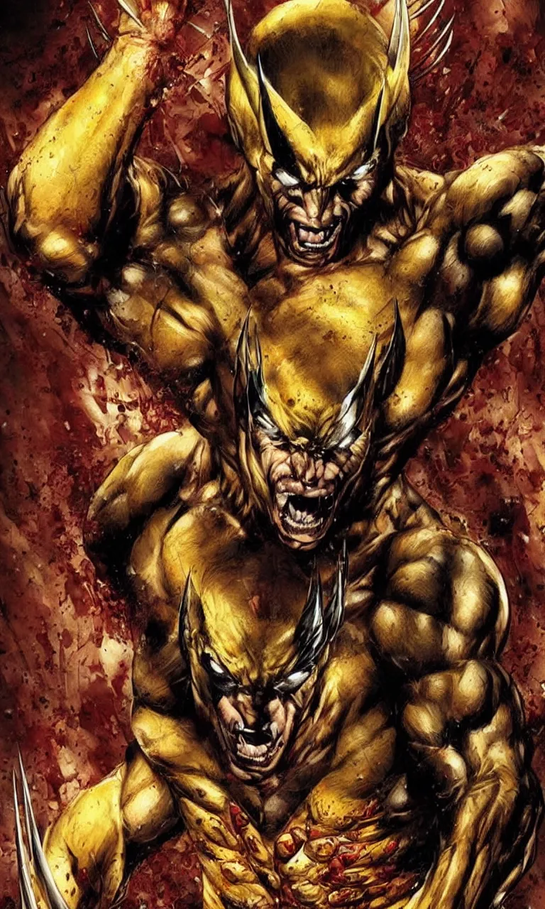 Image similar to elegant detailed artwork of wolverine character redesign by lee bermejo and simon bisley, yellow and red color scheme