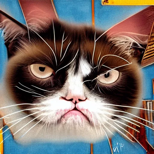 Prompt: a grumpy cat at a garage sale, digital art