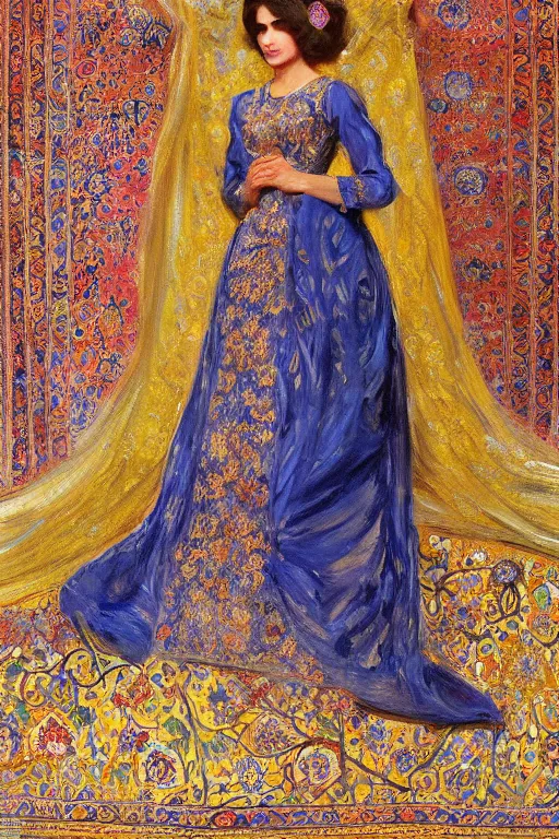 Prompt: gorgeous iranian girl wear detailed golden blue dress lay down on a detailed persian carpet, a big tree palm persian pot, painting by john singer sargent