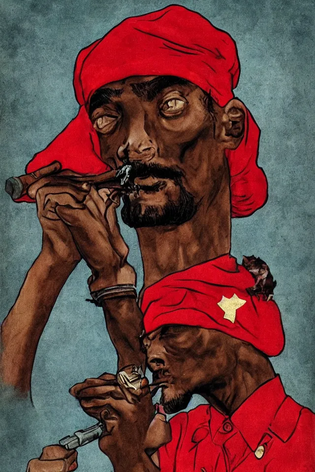 Image similar to an epic socialist realism poster of a singular communist snoop dogg in a red beret smoking a blunt for the proletariat