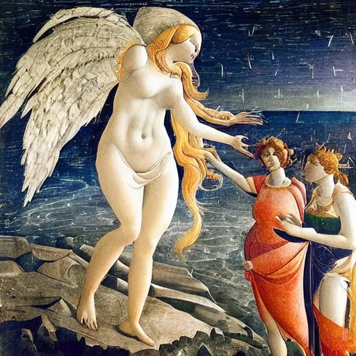 Prompt: the first landing on the moon, paited by botticelli