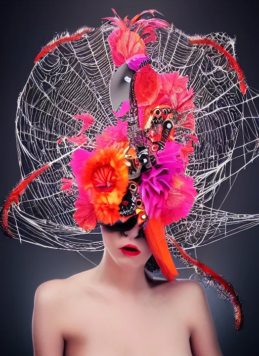 Prompt: woman with headdress, alexander mcqueen, flamingo baroque style, panfuturism, clockwork, floral, spider web, epic, hybrid, extravagant, retro futuristic, bold natural colors, masterpiece, trending on artstation, photography