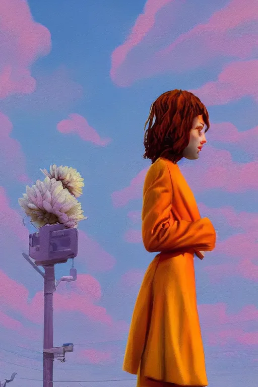 Image similar to closeup giant dahlia flower head, girl in a suit, standing in street, surreal photography, sunrise, dramatic light, impressionist painting, digital painting, artstation, simon stalenhag