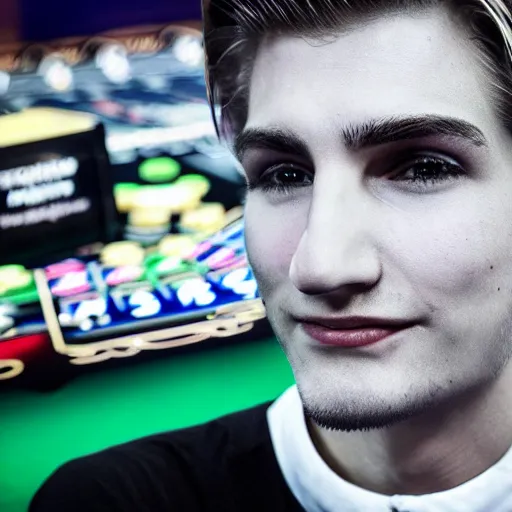 Image similar to closeup of handsome gigachad XQC gambling