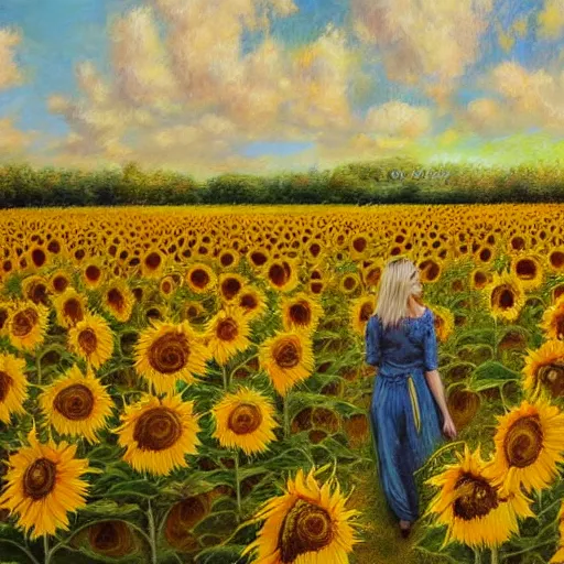 Image similar to a blonde babe slowly walking through amazing tall sunflower field, her blonde hair flowing down, subtle, intricate details, real masterpiece, oil on canvas, by somsak anong