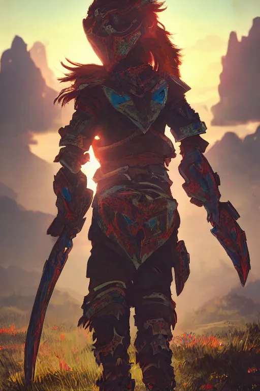 Image similar to combination suit armor aloy horizon forbidden west horizon zero dawn radiating a glowing aura global illumination ray tracing hdr fanart arstation by ian pesty and alena aenami artworks in 4 k tribal robot ninja mask helmet backpack