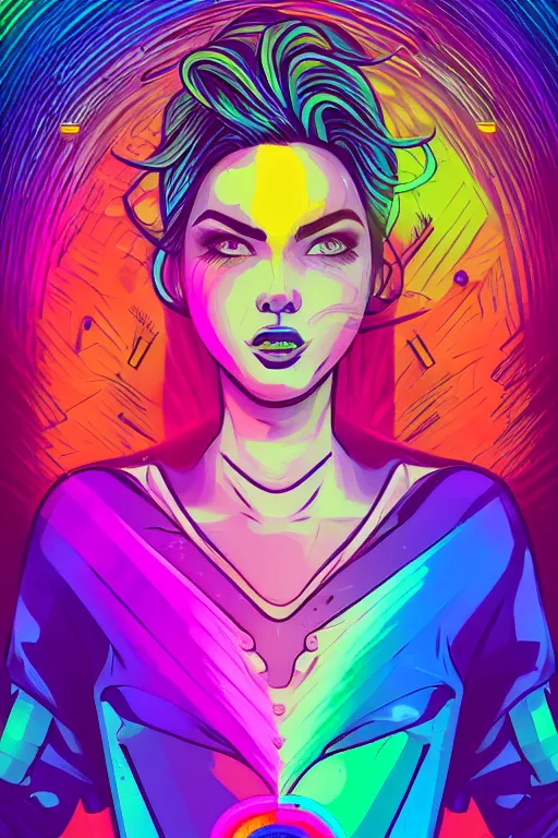 Image similar to a award winning half body portrait of a beautiful woman with stunning eyes in a croptop and cargo pants with rainbow colored ombre hairstyle head in motion and hair flying by josan gonzales, neon outlines, outrun, vaporware, shaded flat illustration, digital art, trending on artstation, highly detailed, fine detail, intricate