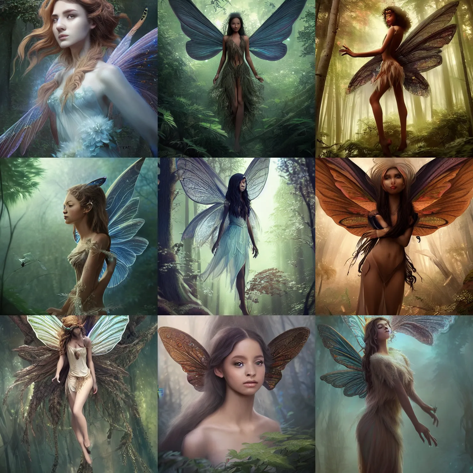 Prompt: a beautiful winged fairy portrait with brown skin, insanely detailed and intricate, flying in a beautiful alien forrest, deep in the woods, glowing floating particles, matte painting, cinematic, cgsociety, ross tran