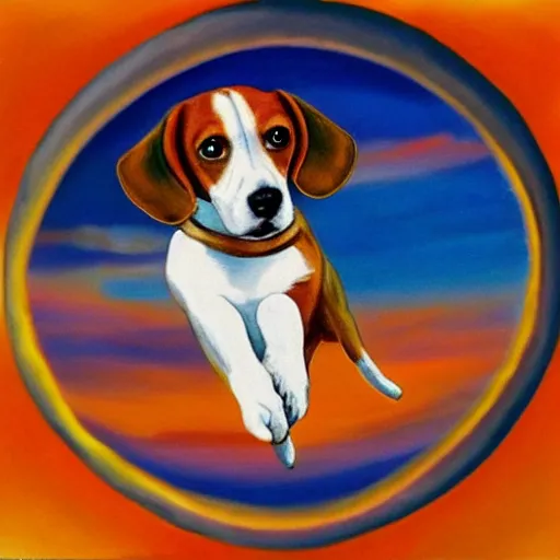 Image similar to a beagle flying in the sky using it's ears as wings, warm colors, cute