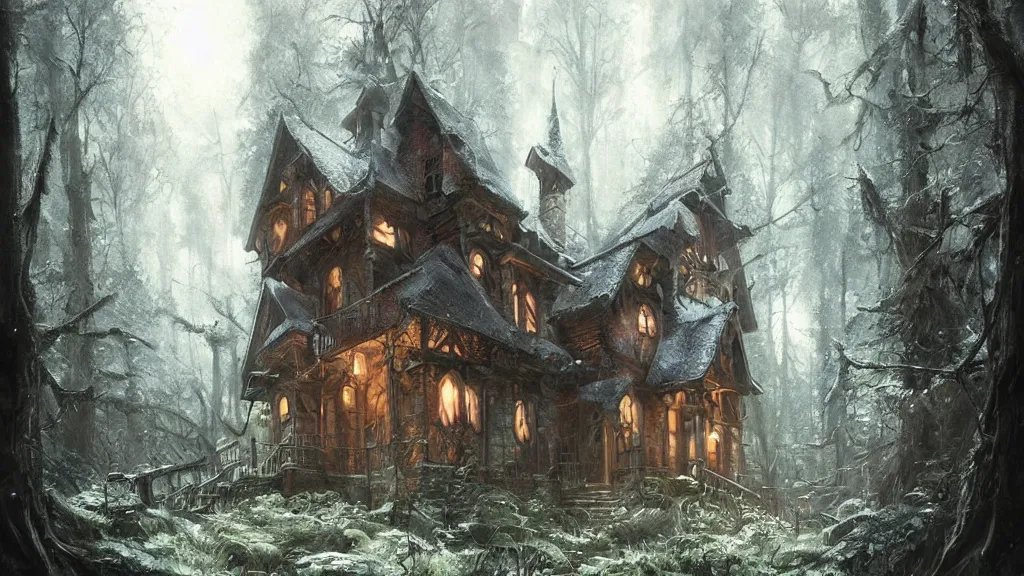 Image similar to a magical house in a forest, high detail, digital art, painted by greg rutkowski, painted by seb mckinnon, trending on artstation