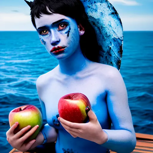 Image similar to a dnd Triton girl with blue skin and messy black hair sitting on the deck of a ship and holding an apple, a little blue-skinned girl with messy black hair sharp pointed ears freckles along the ridges of her cheeks, dnd triton, high resolution film still, 4k, HDR colors