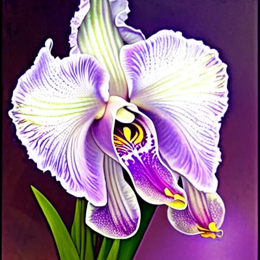 Image similar to white holographic orchid iris hybrid flower surrounded by lsd dew drops on petals, backlit, sunset, refracted lighting, photorealistic, soft, sharp focus, art by collier, albert aublet, krenz cushart, artem demura, alphonse mucha