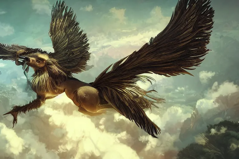 Image similar to a pig with feathered wings, flying above a tropical forest, HD, illustration, epic, D&D, fantasy, intricate, elegant, highly detailed, digital painting, artstation, concept art, smooth, sharp focus, illustration, wallpaper, art by artgerm and greg rutkowski and alphonse mucha and jin xiaodi and anthony devine