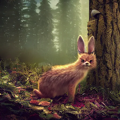 Image similar to a cute furry creature with long ears standing in a forest, michael kutsche, cinematic lighting