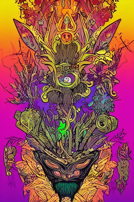 Image similar to animal mask totem roots flower tribal feather gemstone plant wood rock shaman vodoo video game vector cutout illustration vivid multicolor borderlands comics by josan gonzales and dan mumford radiating a glowing aura