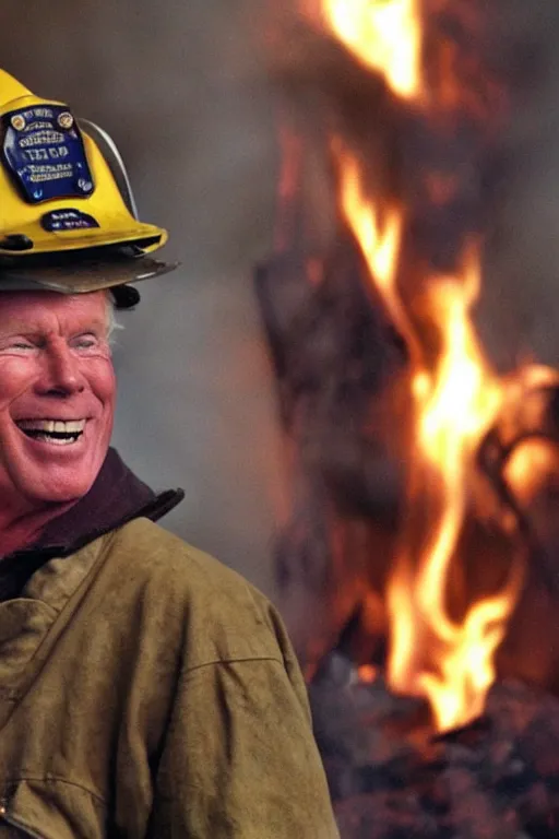 Image similar to kevin tighe wearing a fireman helmet, standing in the flames of a fire laughing