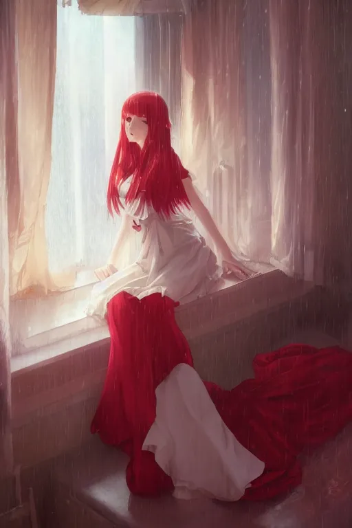 Image similar to a girl in a maid's outfit in the bedroom a night, raining outside the window, red theme, wavy white long hair, by krenz cushart and mucha and akihito yoshida and greg rutkowski and makoto shinkai, 4 k resolution