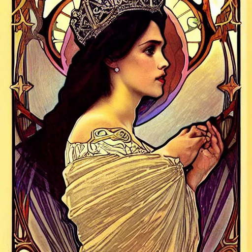 Image similar to megan markle portrait by louis - theophile hingre and alphonse mucha, realistic, sharp focus, zodiac signs, tarot cards, planets, ethereal, art nouveau, magic, moon, sun, crown, dreamy, royal, jewellery