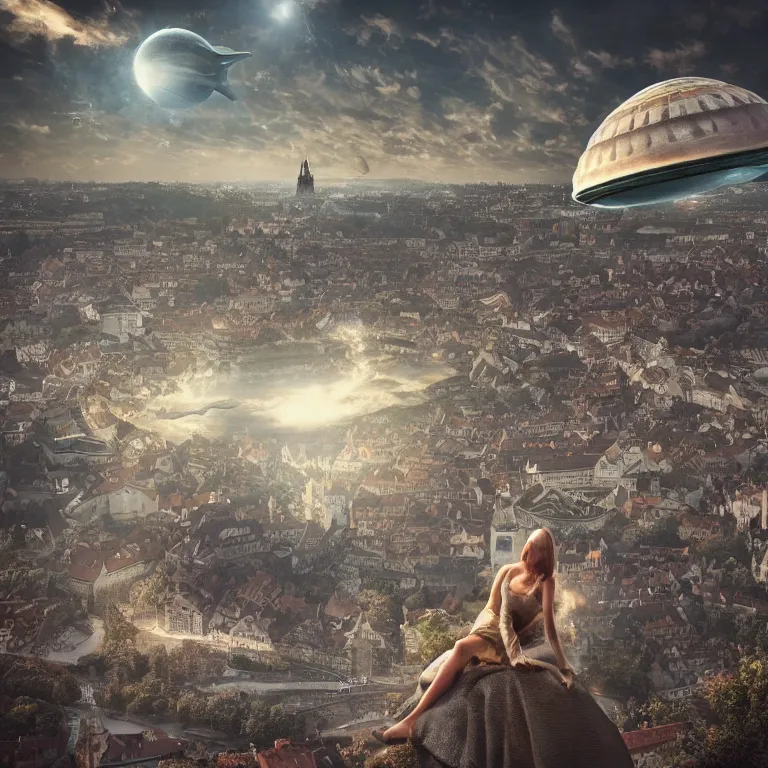 Prompt: alien witnessing ufo flying saucer landing in 1493, Prague in the background, beautiful detailed intricate insanely detailed 3D render digital art, octane render, 8K artistic portrait photography, photorealistic digital art, realistic volumetric lighting