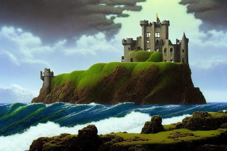 Image similar to a landscape of an irish castle on a seaside cliff, dark clouds, waves crashing, fantasy painting by michael whelan and maxfield parrish, 4 k, hd, award winning, intricate details