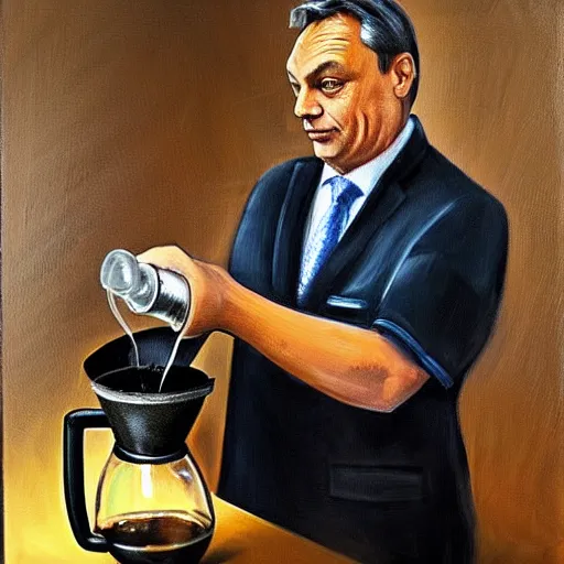 Prompt: viktor orban making chemex coffee, oil painting