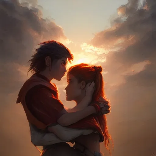 Image similar to a young couple hugging each other at sundown, D&D, fantasy, highly detailed, digital painting, trending on artstation, concept art, sharp focus, illustration, art by artgerm and greg rutkowski and magali villeneuve