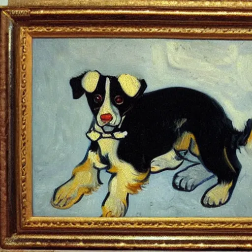 Image similar to oil painting of a black and white cute dog, oil in canvas, painted by van gogh