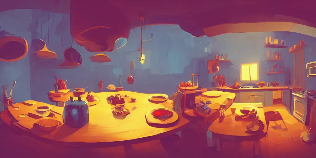 Image similar to epic illustration fisheye lens of a kitchen dim lit by 1 candle in a scenic environment by Anton Fadeev