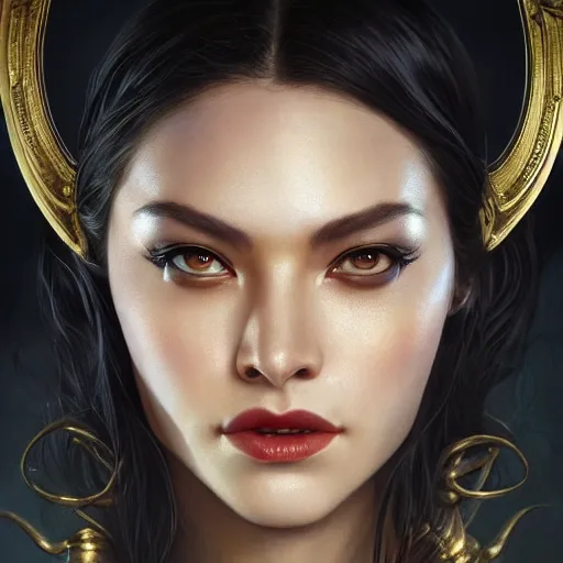 Image similar to perfectly - centered - portrait - photograph of an evil sinister goddess, the perfect human female specimen, intricate, elegant, super highly detailed, professional digital painting, artstation, concept art, smooth, sharp focus, no blur, no dof, extreme illustration, unreal engine 5, 8 k, art by artgerm and greg rutkowski and alphonse mucha loish and wlop