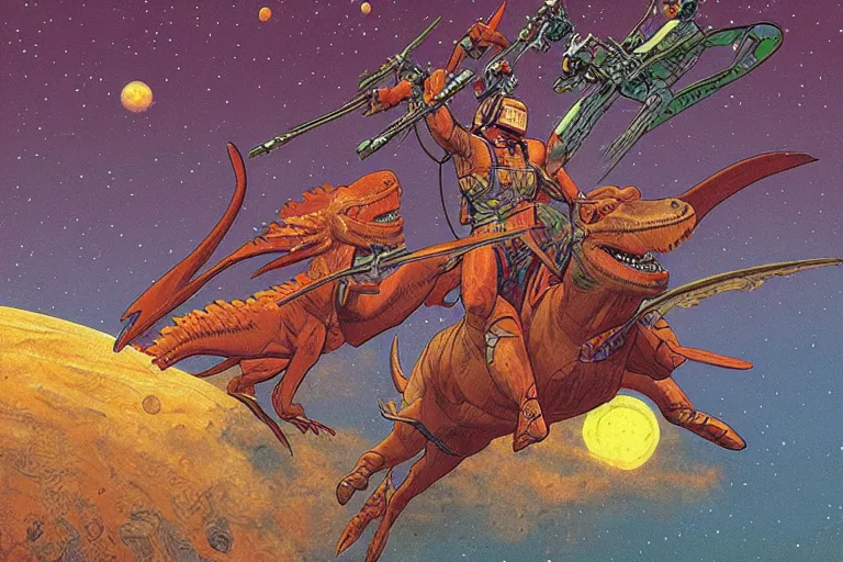 Image similar to beautiful amazons riding dinosaurs on mars against a backdrop of canyons, mercury rainbows in the sky and space fighters shooting, artwork by jean giraud