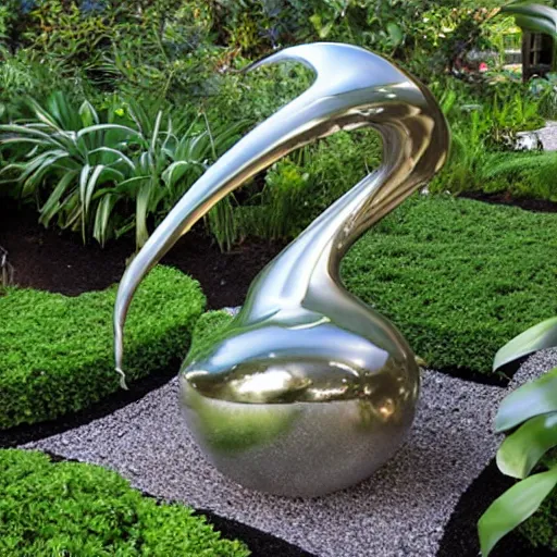 Image similar to A liquid metal sculpture in the middle of a luscious garden