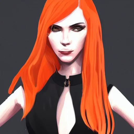 Image similar to a woman wearing black and orange clothes, full body shot, red hair, highly detailed, digital painting, artstation, concept art, smooth, sharp focus, illustration