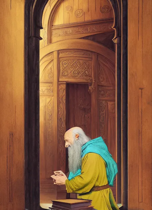 Image similar to an old wizard in robes holding a book standing in front of an elaborate ancient wooden door, beautiful colourful fantasy rendering, Agnolo Bronzino, Simon Stälenhag, ilm, beeple, N.C. Wyeth