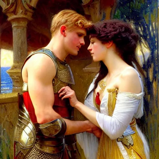 Image similar to attractive arthur pendragon confesses his love for his attractive knight. highly detailed painting by gaston bussiere and j. c. leyendecker 8 k