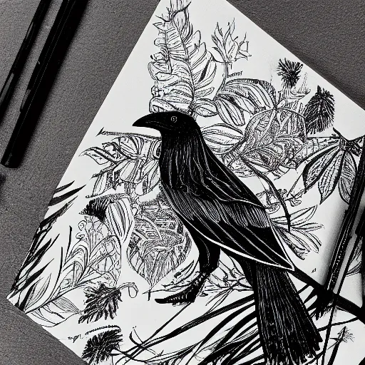 Prompt: detailed crow illustration, full body, concept art, black ink on white paper, sketched 4k