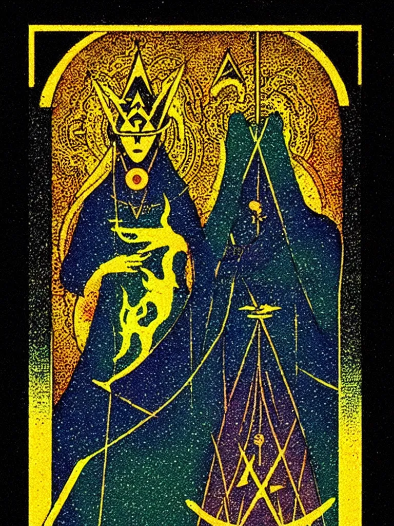 Image similar to life of ash, flat, granular gradient, dark theme, color blocks, tarot nouveau, the occult + work of kazuma nigai + tarot card