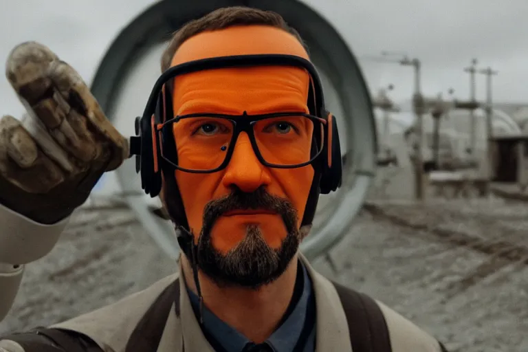 Image similar to vfx movie closeup real life gordon freeman holding wearing futuristic armor, half life logo on chest, crowbar in russian train yard by emmanuel lubezki