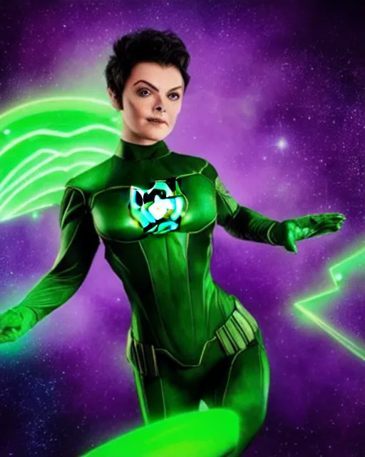 Prompt: photos of beautiful actress Ella Purcell as the Green Lantern Soranik Natu, as she soars thru outer space. Photogenic, purple skin, short black pixie like hair, particle effects, photography, studio lighting, cinematic