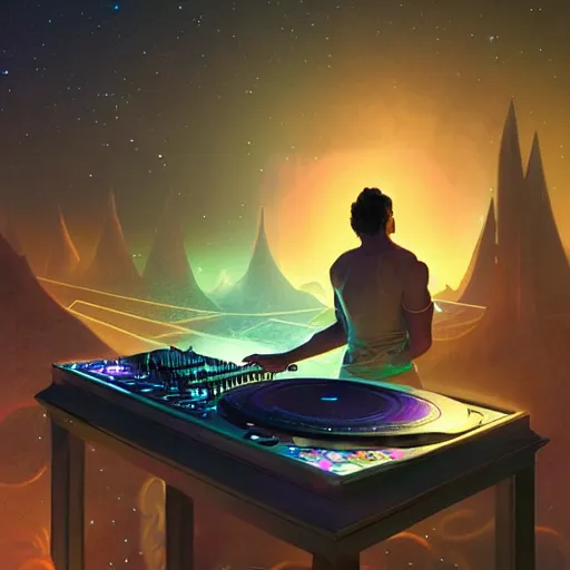 Image similar to A man djing at night under the stars, beautiful, digital art, artstation, hyperrealistic, 8k, unreal engine, octane render, trending on artstation, art by Artgerm and Greg Rutkowski and Alphonse Mucha and Beeple