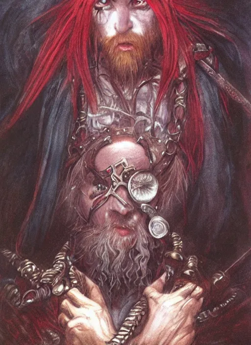 Prompt: portrait of one eyed wizard, beautiful! coherent! dungeons and dragons character, by brian froud, strong line, deep color, chainmail, short red hair, high contrast