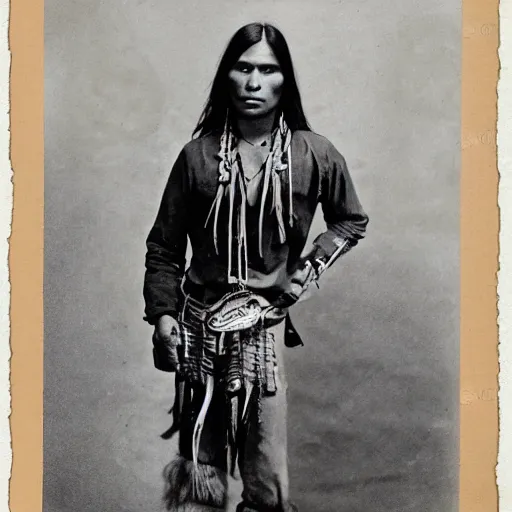 Image similar to young thin native American man wearing buckskin shirt, deadlands, weird west