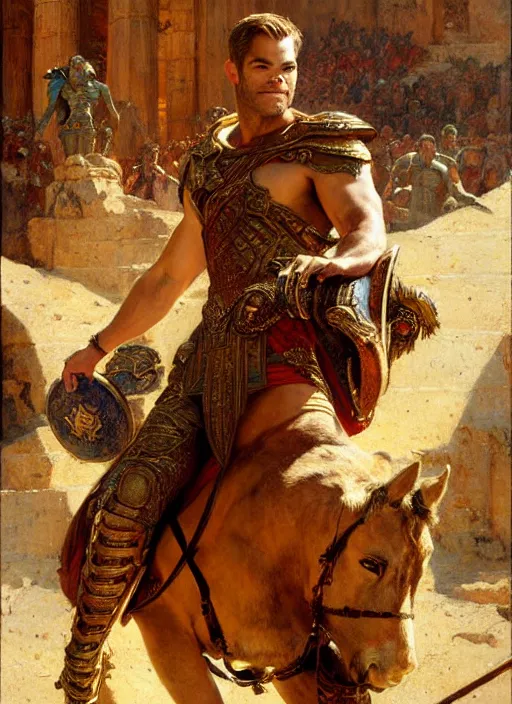 Prompt: gladiator chris pine, roman baths painting by gaston bussiere, craig mullins, j. c. leyendecker