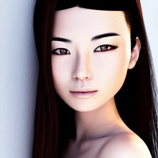 Image similar to pretty Japanese woman, headshot, 3/4 face turn, soft lights, photorealistic