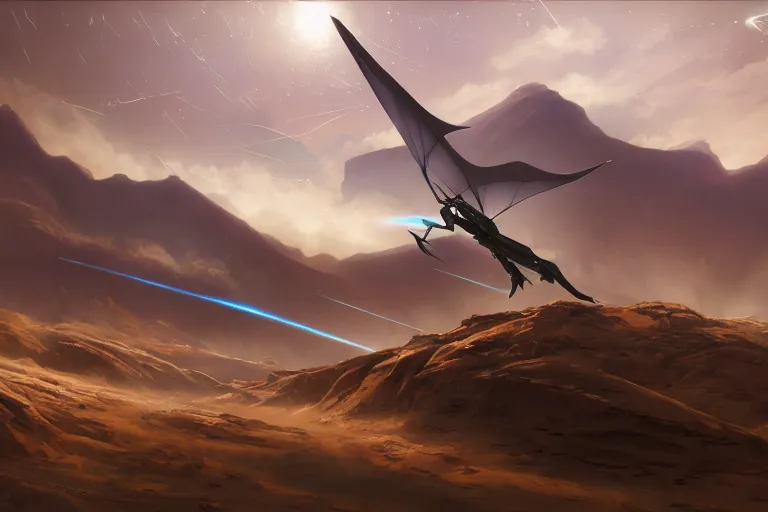 Image similar to ultra realistic cinematic lighting, lifelike, amazing detail, trending on art station, a pteranodon mecha fighter zooms through the dark primordial maelstrom void of an HR Giger a painted desert valley, contrails of smoke, nebula and cosmic sky, cinematic lighting, engines blazing robotech mecha styling by Jessica Rossier and John Berkey, cinematic, realistic