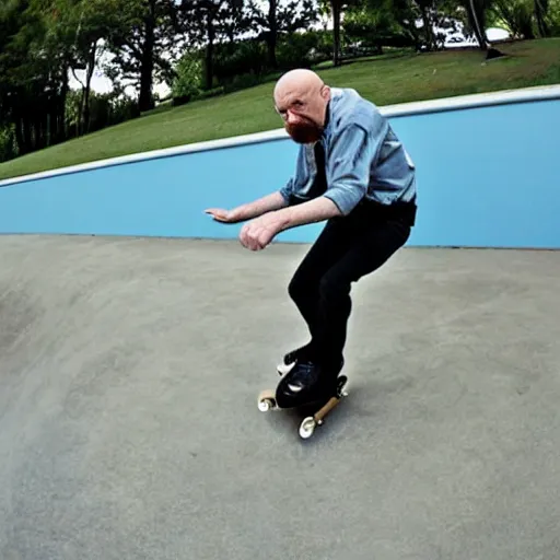 Image similar to Walter White doing skate tricks at the park