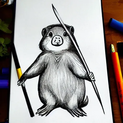 Image similar to a manga drawing of a beaver with an spear and a shield